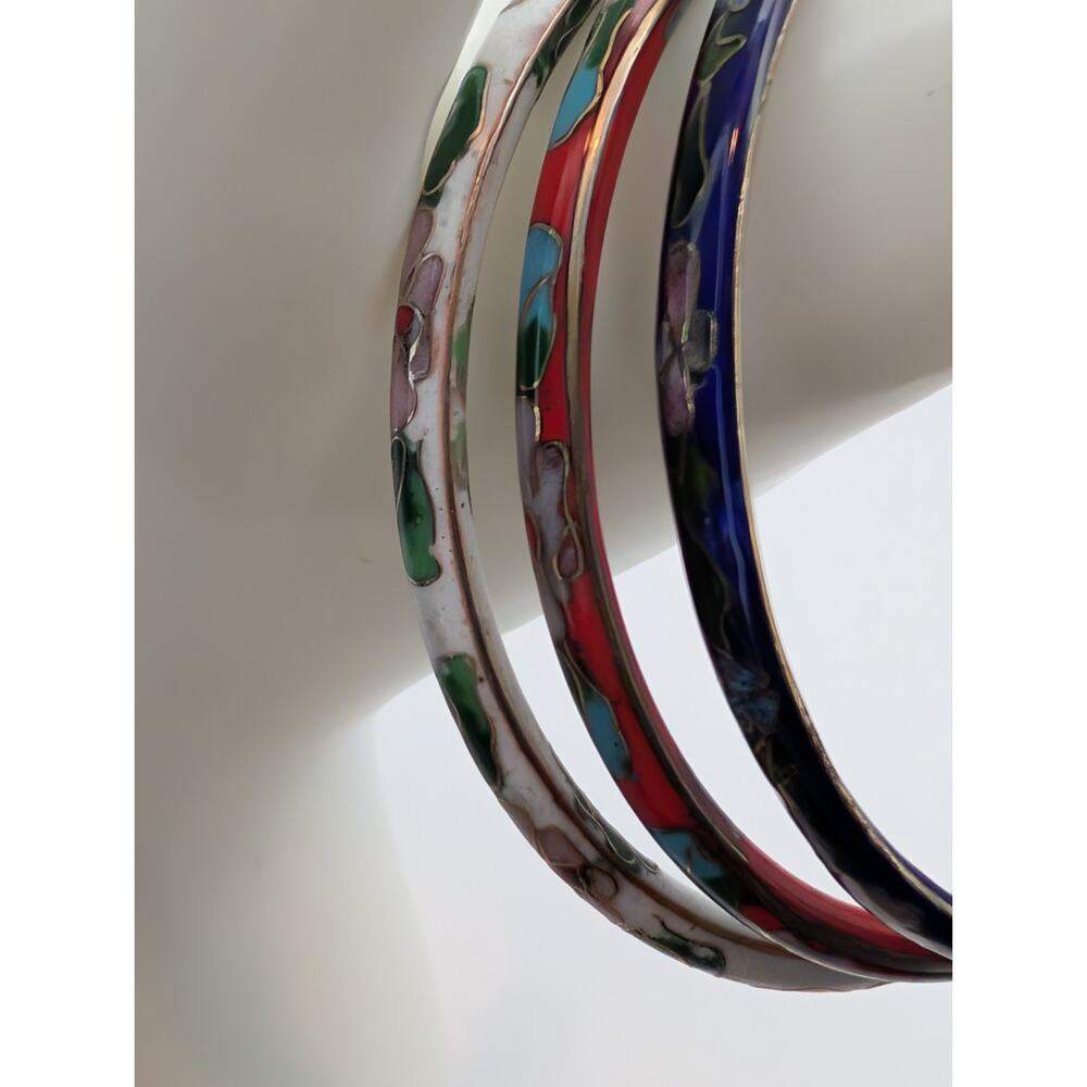 Set Of 3 Vintage Cloisonne Enamel Floral Bangle Bracelets Red White And Blue 7" - Picture 4 of 5